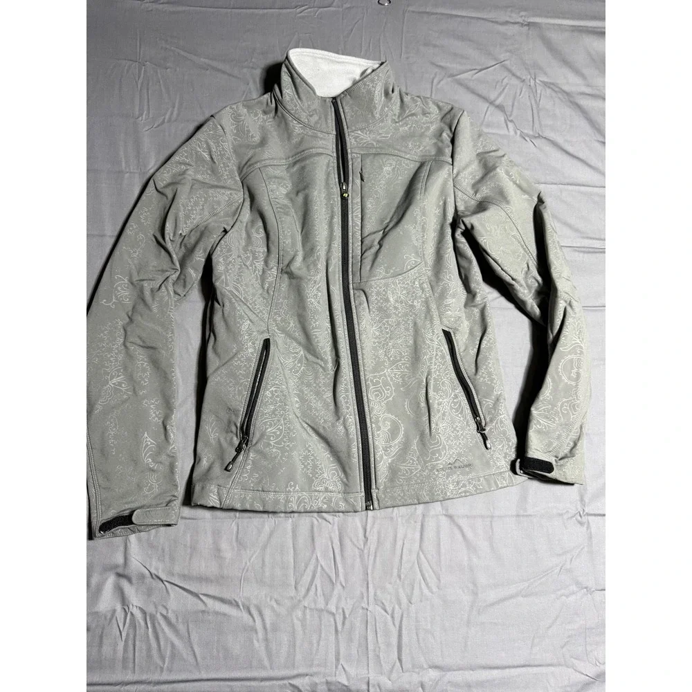 Eddie Bauer Softshell Jacket Womens Medium Grey Good Paisley Floral Full Zip